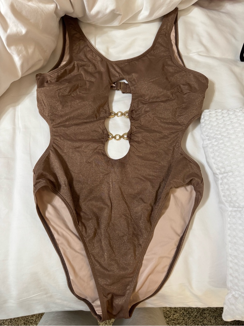 CUPSHE Brown Metallic One-Piece Swimsuit with Gold Chain Accents